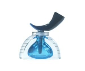 A blue bottle of liquid sitting on top of a clear container.