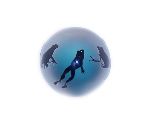 Three people in a blue ball of water.