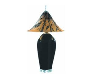 A black lamp with a brown shade on top of it.