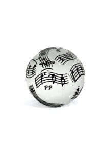 A white ball with musical notes on it.