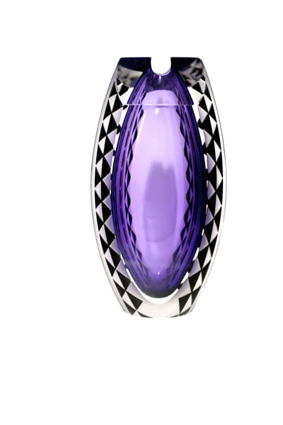 A purple glass vase with black and white checkered design.