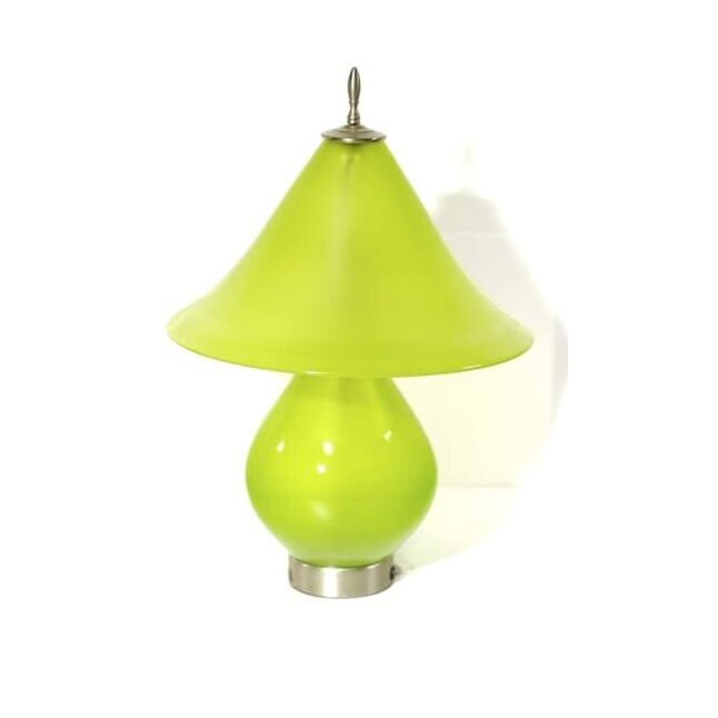 A green lamp is sitting on the floor.